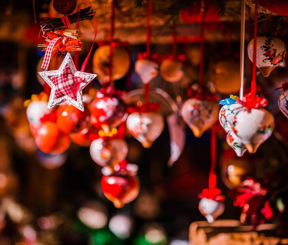 Christmas decorations on Trentino Alto Adige, Italy Christmas market Colorful Christmas decorations on Trentino Alto Adige, Italy Christmas market